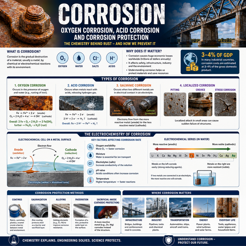 Modern educational infographic illustrating corrosion chemistry, electrochemical reactions, rust formation, corrosion protection, engineering structures, and industrial applications.