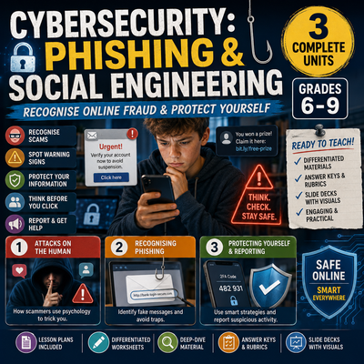 Cybersecurity: Phishing & Social Engineering – Computer Science Unit: Worksheets, Projects & Slides (Grades 6–9)