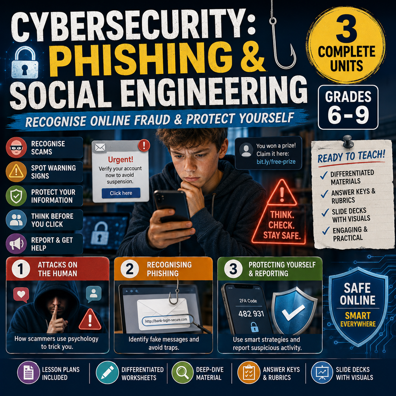 Cybersecurity: Phishing & Social Engineering – Computer Science Unit: Worksheets, Projects & Slides (Grades 6–9)