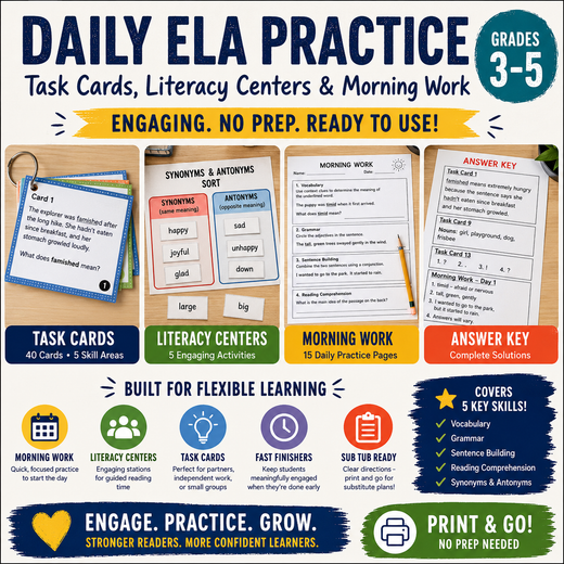 Daily ELA Practice – Task Cards, Literacy Centers & Morning Work | Grades 3–5