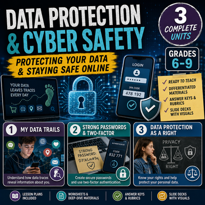 Data Protection and Cyber Safety – Computer Science Unit: Worksheets, Projects & Slides (Grades 6–9)