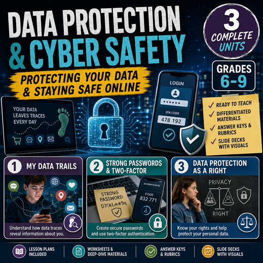 Data Protection and Cyber Safety – Computer Science Unit: Worksheets, Projects & Slides (Grades 6–9)