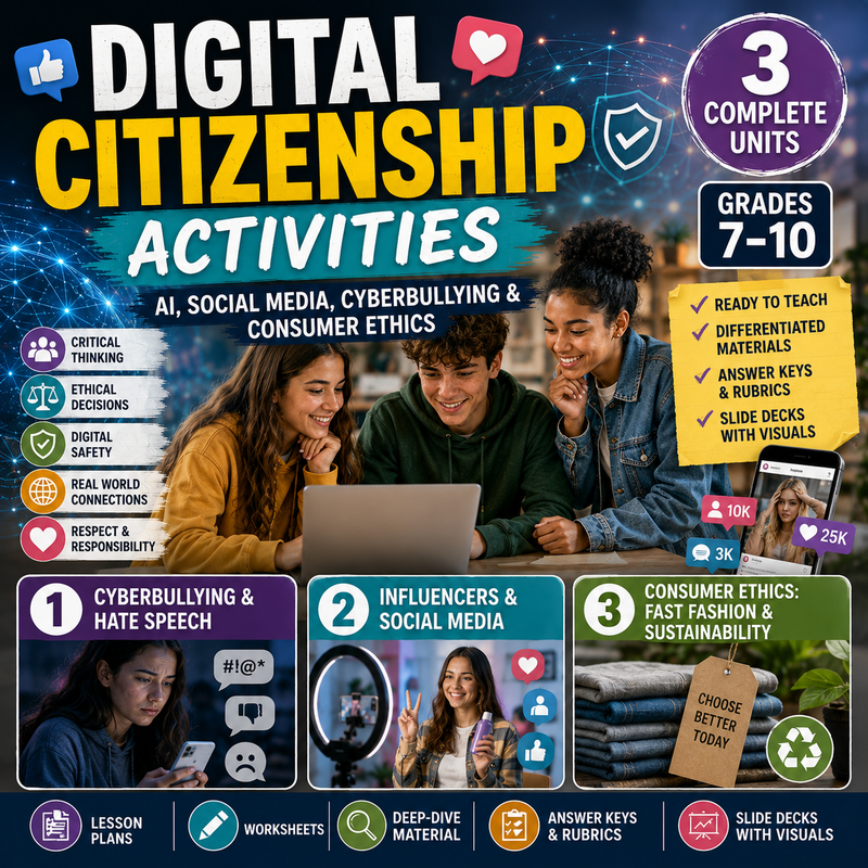 Digital Citizenship Activities | Cyberbullying, AI, Social Media & Media Literacy Lessons | Grades 7–10