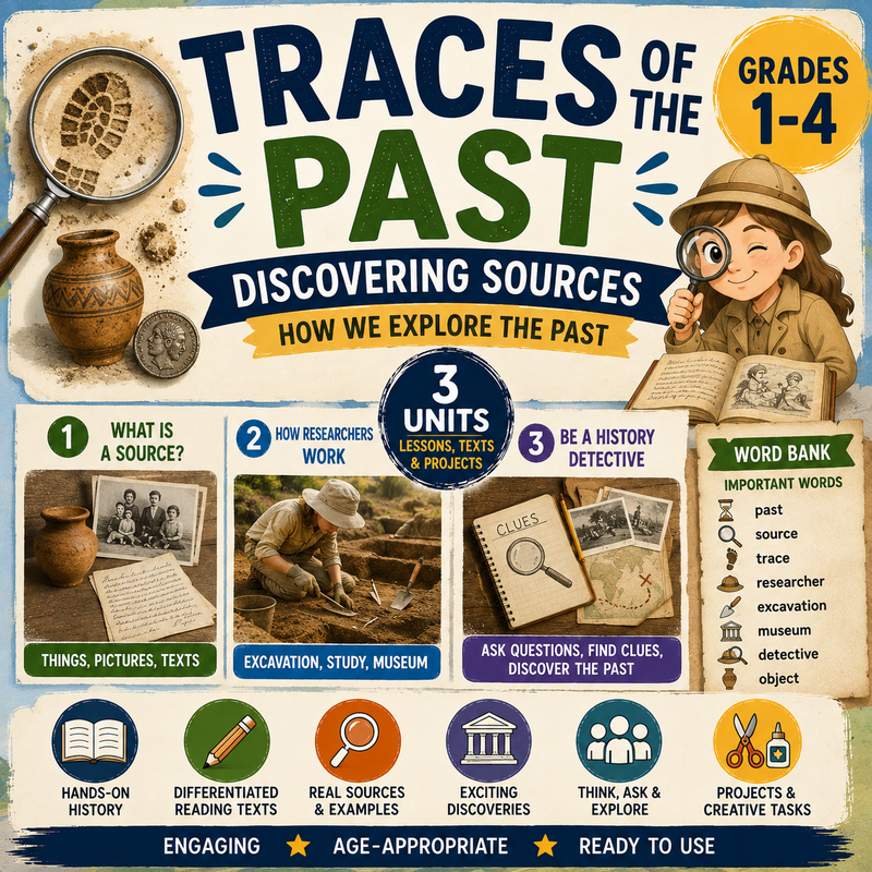 Traces of the Past: Discovering Historical Sources Unit – Worksheets, Projects & Slides (Grades 1–4)