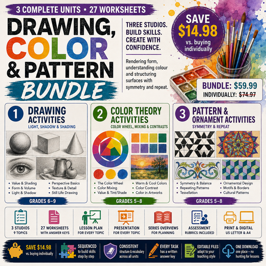 Drawing, Color & Pattern Bundle | Light and Shadow, Color Theory & Ornament | 3 Art Studios | Grades 5–9