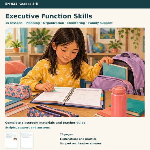 Executive Function Skills | 15 Lessons, Planners & Strategy Log | Grades 4–5