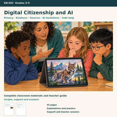 Digital Citizenship and AI | 8 Lessons, Privacy & Source Checks | Grades 3–5