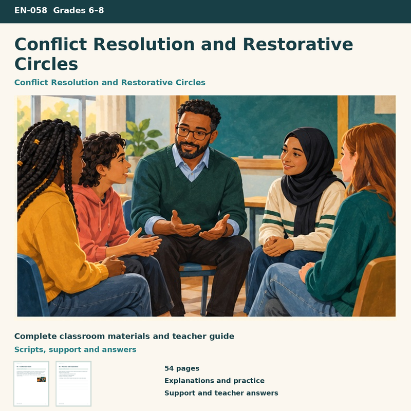 Conflict Resolution and Restorative Circles | 8 Lessons, 4 Facilitator Cases & Project | Grades 6–8