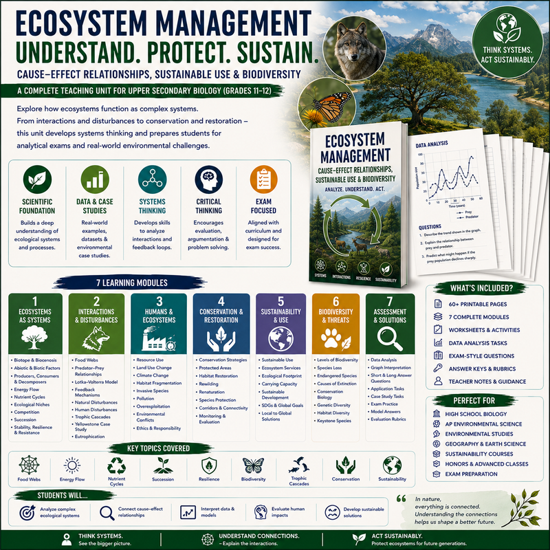 Printable high school ecosystem management unit covering biodiversity, sustainability, food webs, ecological succession, ecosystem stability, restoration ecology, trophic cascades, environmental science, and systems thinking.