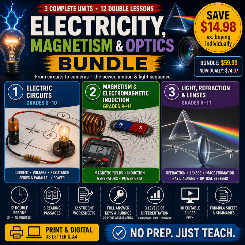 Electricity, Magnetism & Optics Bundle | Circuits, Induction & Lenses | 3 Complete Units | Grades 8–11
