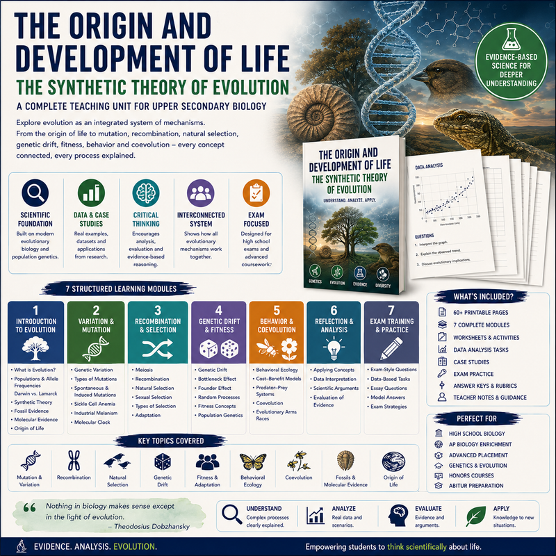 Printable high school biology unit covering evolution, natural selection, mutation, genetic drift, genetics, fossil evidence, molecular evolution, adaptation, and the origin of life.