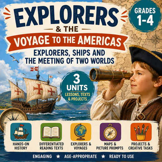 Explorers & the Voyage to the Americas Unit – Worksheets, Projects & Slides (Grades 1–4)