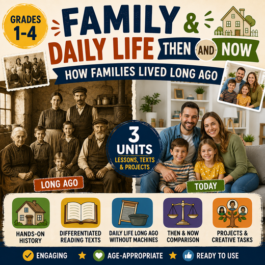 Family & Daily Life Then and Now Unit – Worksheets, Projects & Slides (Grades 1–4)