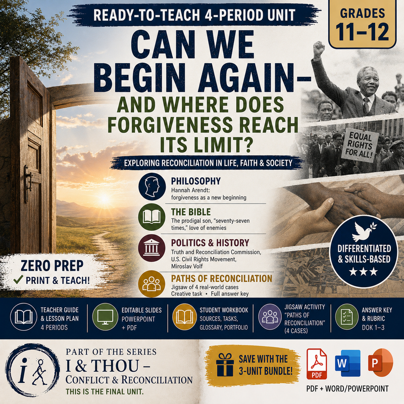 Forgiveness and reconciliation high school lesson unit exploring Hannah Arendt the prodigal son truth and reconciliation commission civil rights movement and paths of reconciliation for grades 11 through 12 with editable teaching resources and student workbook