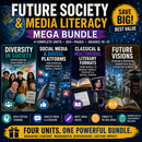 Comprehensive High School English Language Arts curriculum bundle featuring four units on diversity in society, social media and digital platforms, classical and multimodal literature, and utopian and dystopian narratives with colorful educational cover previews.