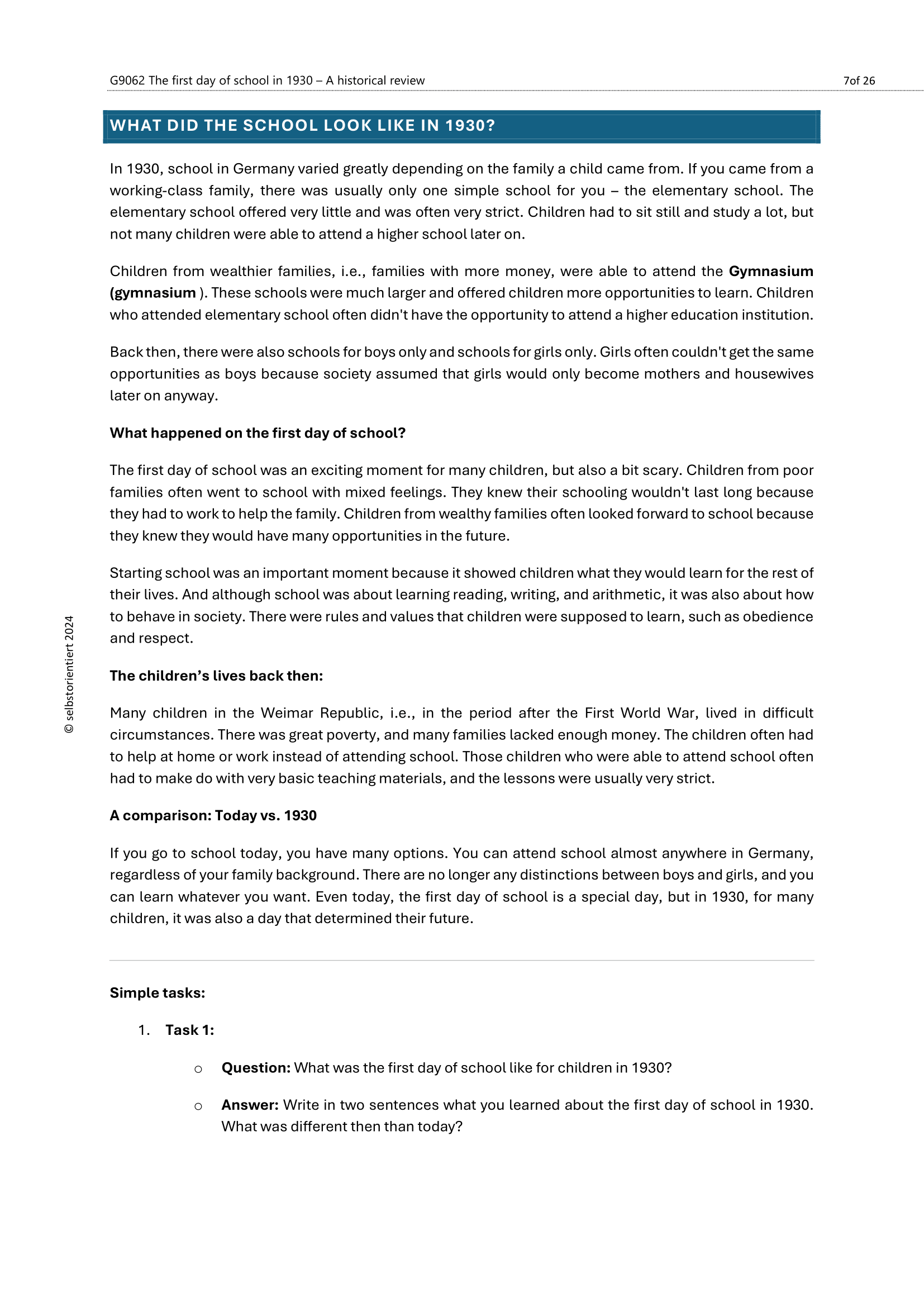 What Was School Like In 1930? - WORKBOOK | Grade 7 - 9