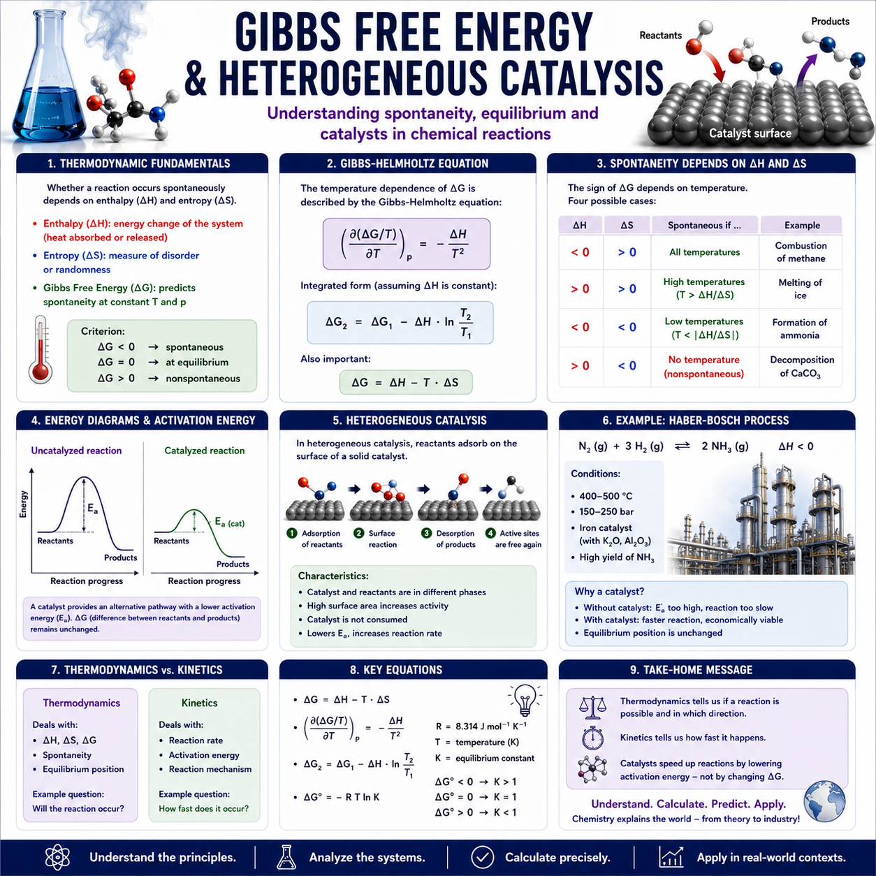 Modern educational infographic illustrating Gibbs Free Energy, thermodynamics, energy diagrams, catalysts, reaction pathways, and advanced chemistry concepts.