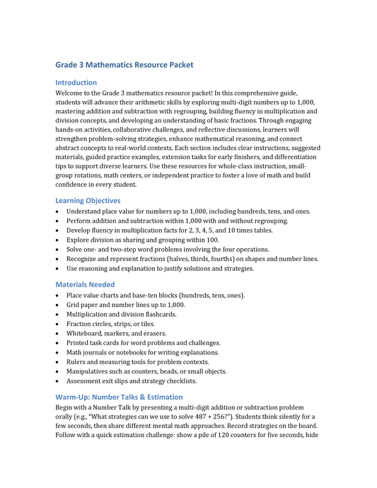 Digital Math Lab – Grade 3 Practice: Addition, Subtraction & Division