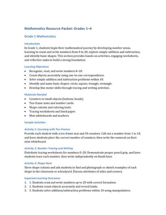 Free Math Resource Pack – Number Sense for Grades 1–4