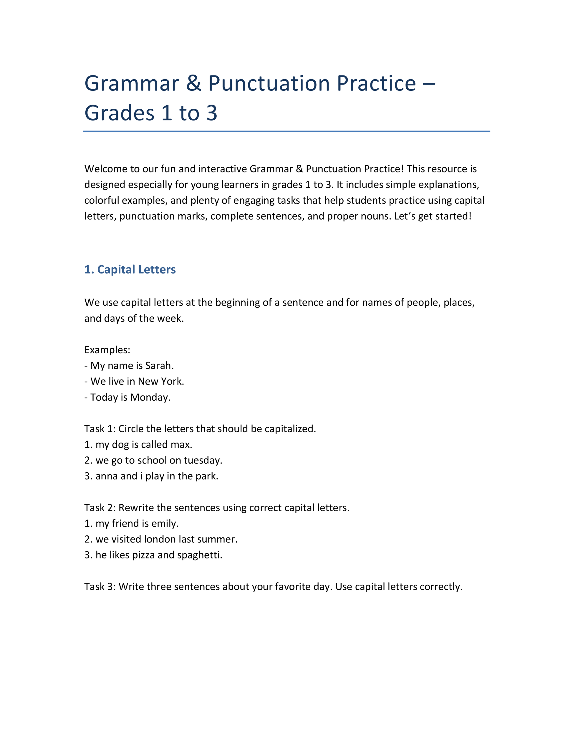 Grammar & Punctuation Practice – English for Grades 1–3