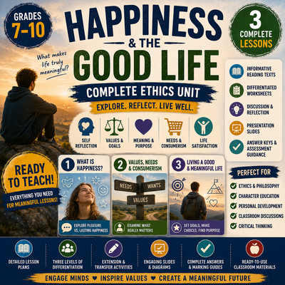 Happiness and a Good Life – Ethics Unit: Worksheets, Projects & Slides (Grades 6–9)