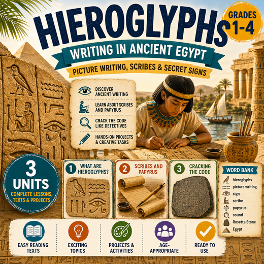 Hieroglyphs: Writing in Ancient Egypt Unit – Worksheets, Projects & Slides (Grades 1–4)