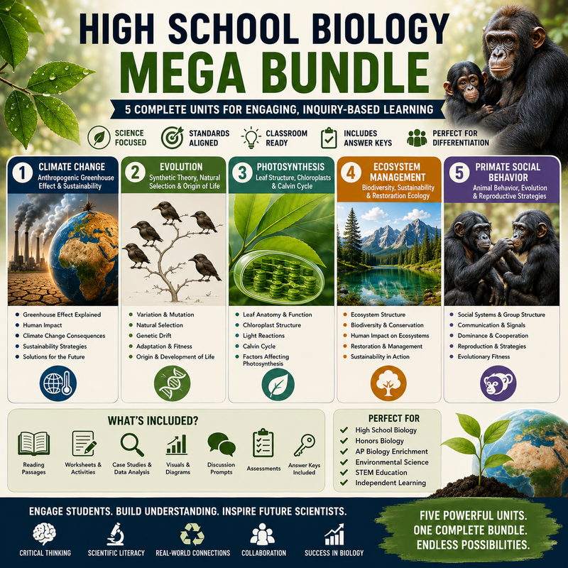 High School Biology Mega Bundle Evolution Ecology Photosynthesis Climate Change Animal Behavior AP Biology STEM Teaching Resource