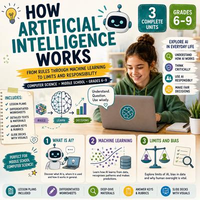 How Artificial Intelligence Works – Computer Science Unit: Worksheets, Projects & Slides (Grades 6–9)
