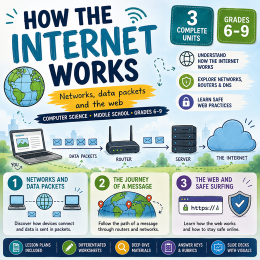How the Internet Works – Computer Science Unit: Worksheets, Projects & Slides (Grades 6–9)