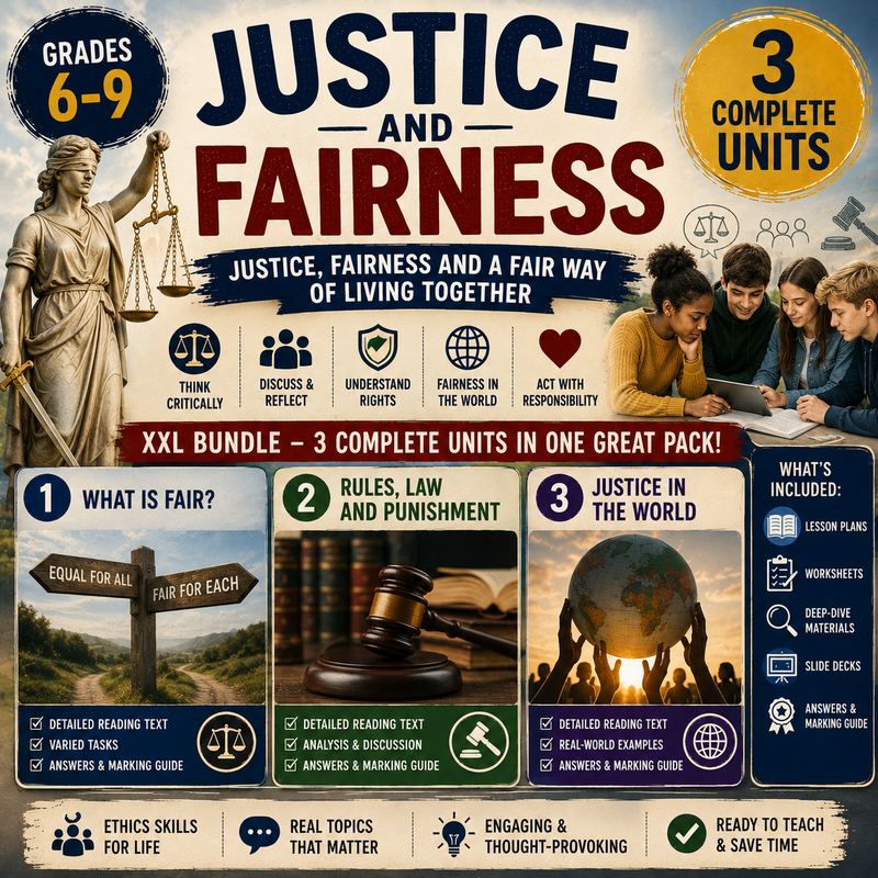 Justice and Fairness – Ethics Unit: Worksheets, Projects & Slides (Grades 6–9)