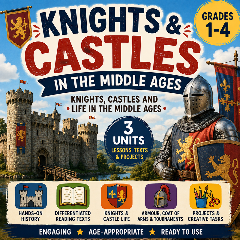 Knights & Castles in the Middle Ages Unit – Worksheets, Projects & Slides (Grades 1–4)