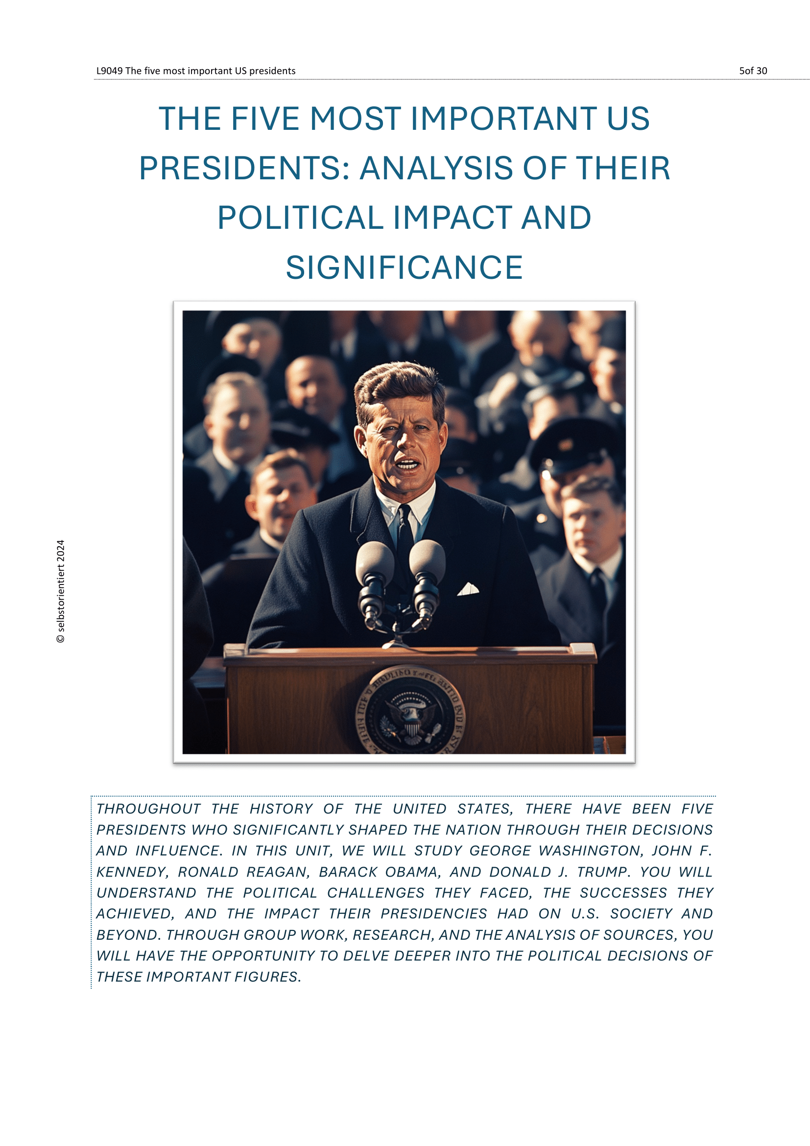 Top 5 U.S. Presidents in History – Teaching Material for Upper Secondary (Grades 11–13)