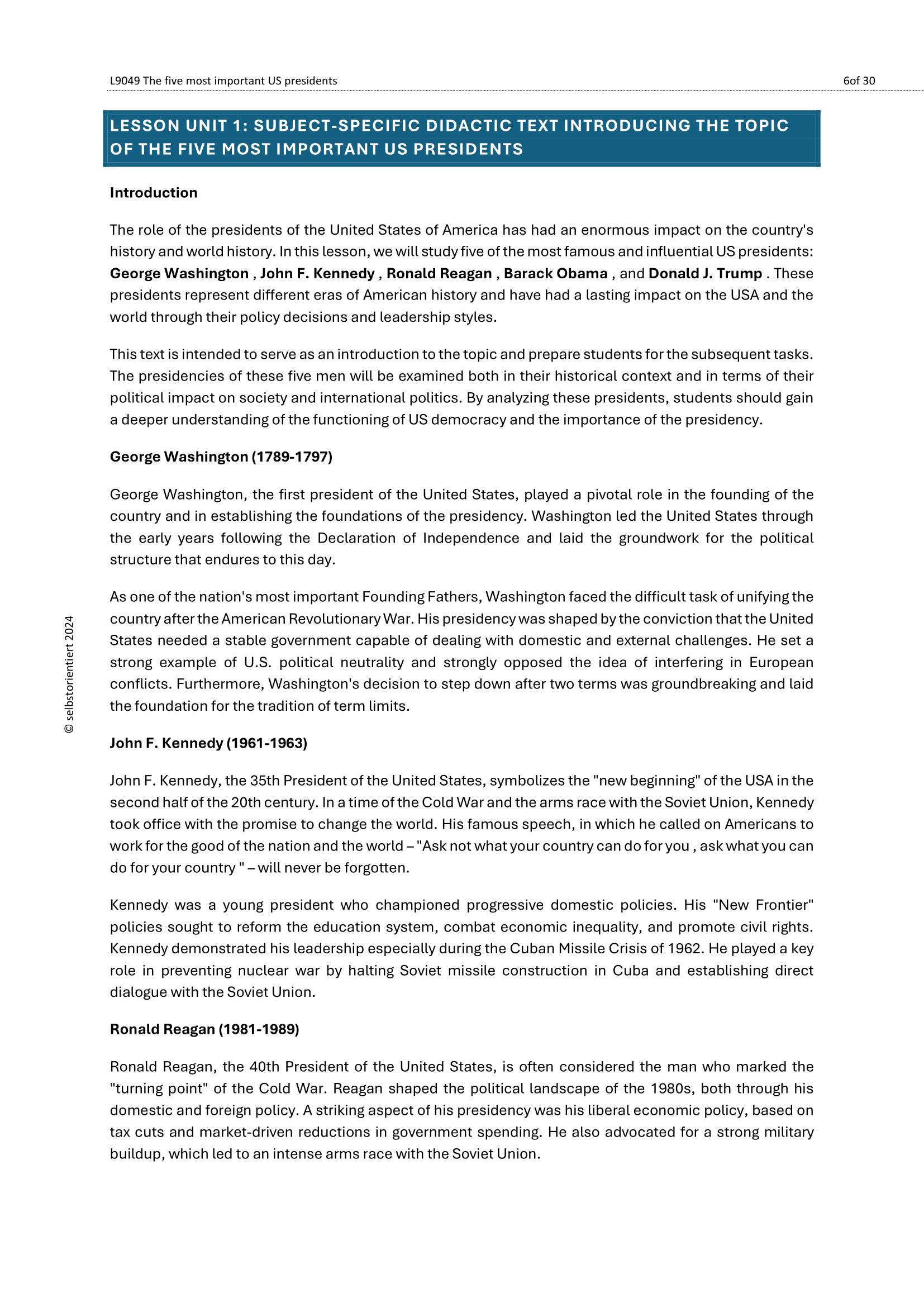 Top 5 U.S. Presidents in History – Teaching Material for Upper Secondary (Grades 11–13)