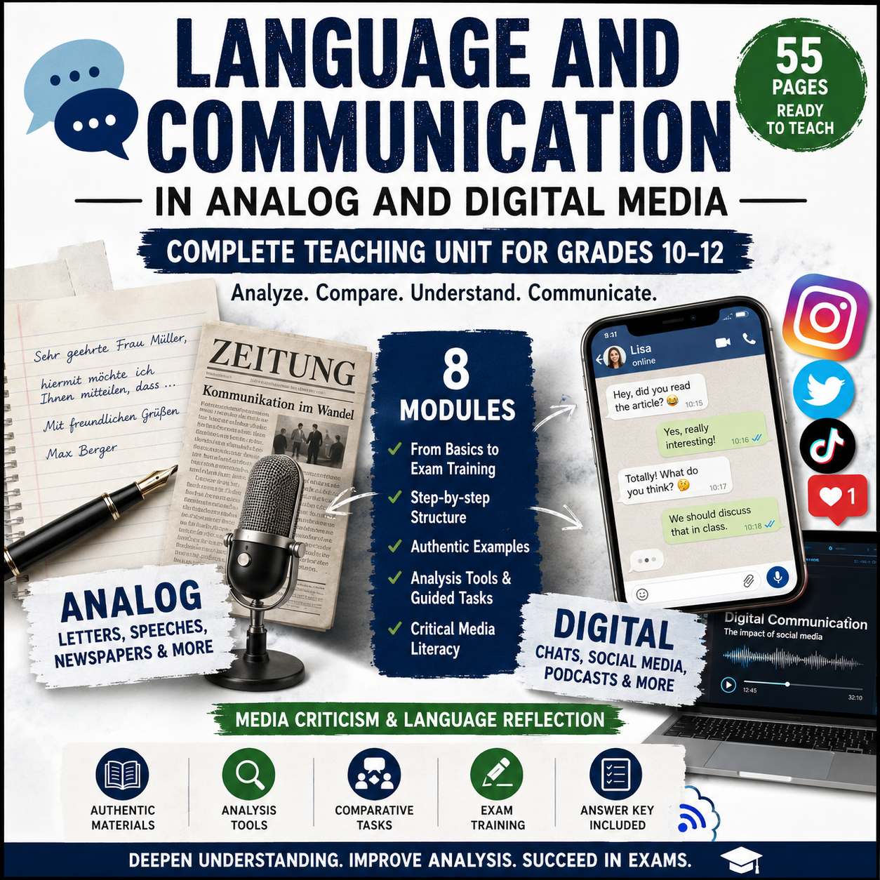 Professional educational cover for a Grades 10–12 media literacy unit featuring language analysis, communication models, social media, messaging apps, newspapers, speech analysis, and digital communication.