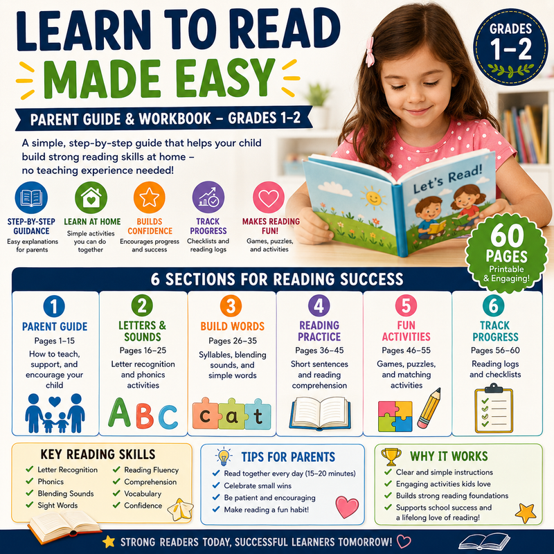 Educational workbook cover for a Grades 1–2 parent guide featuring phonics, alphabet practice, sight words, reading fluency, comprehension, and early literacy activities for beginning readers.