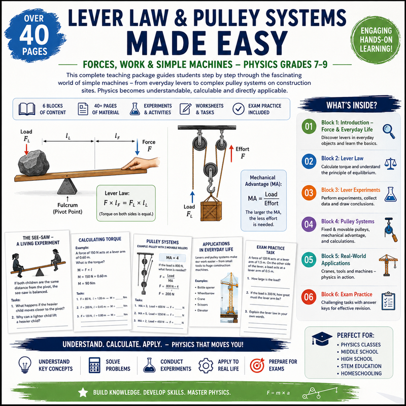 Printable physics workbook for Grades 7–9 about lever law, torque, pulley systems, mechanical advantage, simple machines, experiments, worksheets and exam practice.