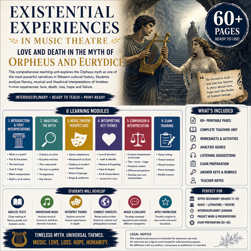 Printable high school humanities and music theatre unit exploring Orpheus and Eurydice, mythology, love, death, loss, memory, symbolism, literature, and cultural interpretation.