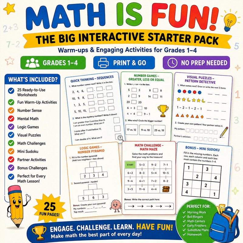 Printable elementary math warm-up worksheets for Grades 1–4 featuring number games, mental math, logic puzzles, visual reasoning, mini Sudoku and engaging no-prep classroom activities.