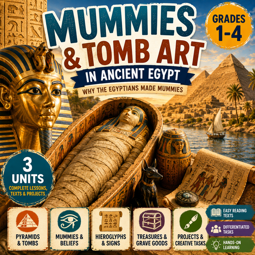 Mummies & Tomb Art in Ancient Egypt Unit – Worksheets, Projects & Slides (Grades 1–4)