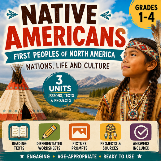 Native Americans: First Peoples of North America Unit – Worksheets, Projects & Slides (Grades 1–4)