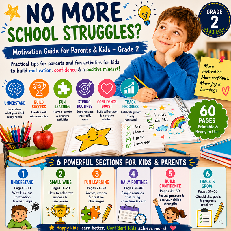 Printable Grade 2 motivation workbook featuring parent guidance, confidence-building activities, growth mindset exercises, learning routines, reflection pages, and social-emotional learning resources for families.