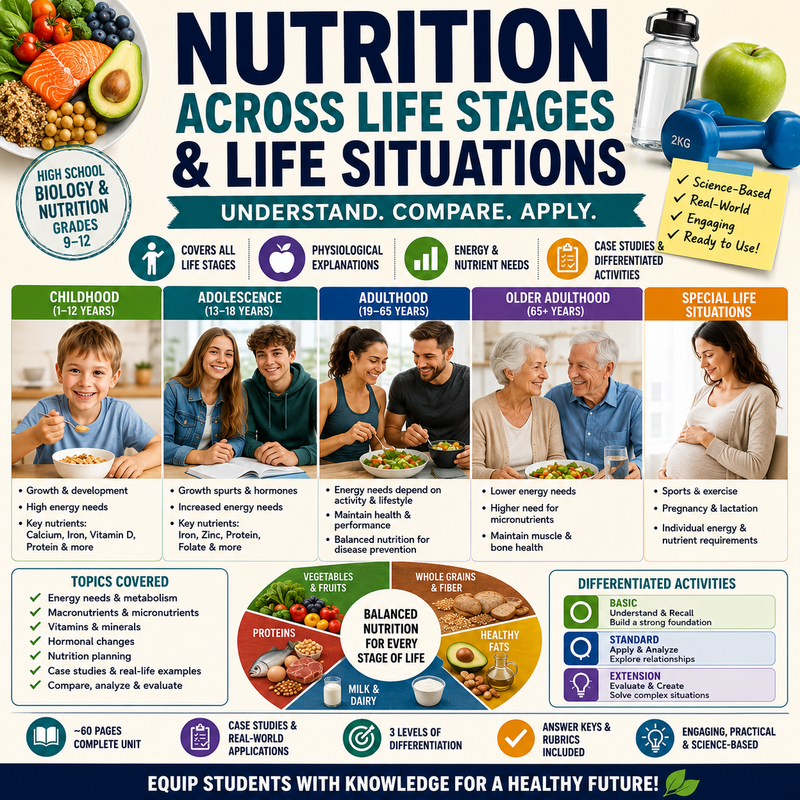 Nutrition Across Life Stages High School Biology Human Physiology Nutrition Education Childhood Adolescence Adulthood Pregnancy Lactation Sports Nutrition Energy Balance Grades 9–12