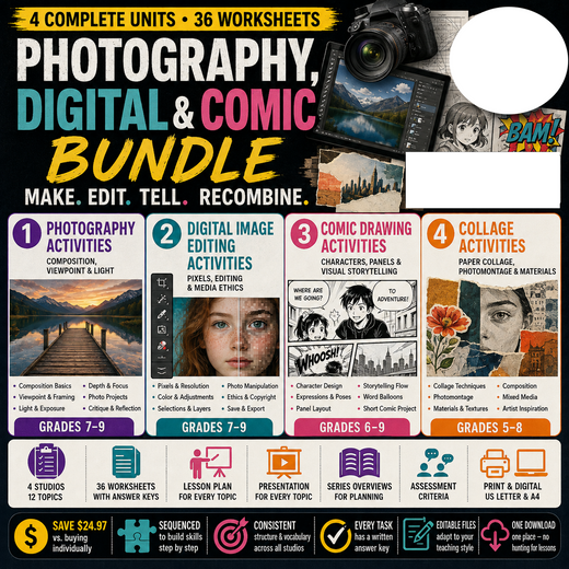 Photography, Digital & Comic Bundle | Image Making and Media Literacy | 4 Art Studios | Grades 5–9
