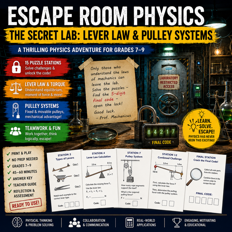 Printable Physics Escape Room for Grades 7–9 featuring 15 puzzle stations on lever law, torque, pulley systems, mechanical advantage, teamwork, STEM problem-solving and a final escape code challenge.