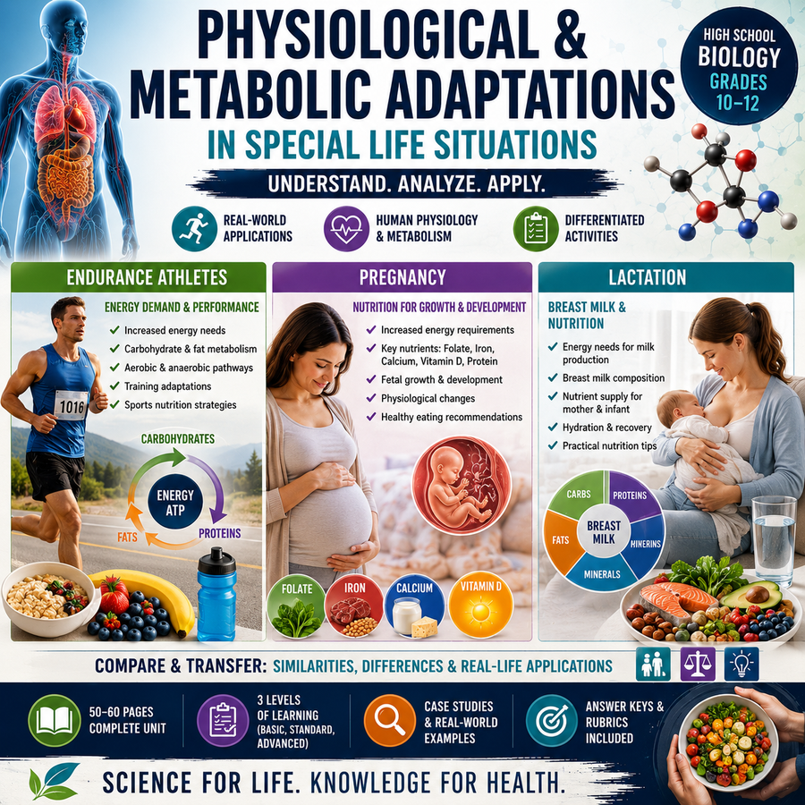 Physiological and Metabolic Adaptations High School Biology Human Physiology Endurance Exercise Pregnancy Lactation Nutrition Metabolism Health Science Educational Infographic Grades 10–12