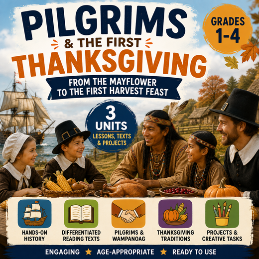 Pilgrims & the First Thanksgiving Unit – Worksheets, Projects & Slides (Grades 1–4)