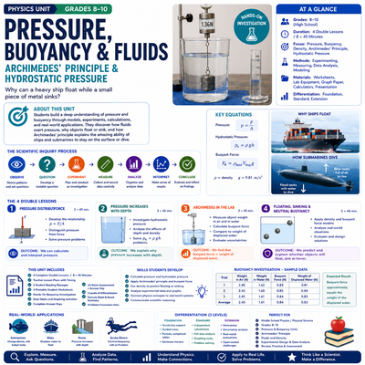 Pressure, Buoyancy & Fluids | Archimedes' Principle & Hydrostatic Pressure | Physics Unit | Grades 8–10