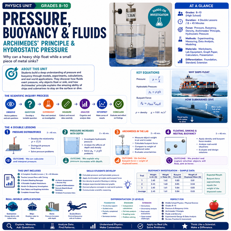 Pressure, Buoyancy & Fluids | Archimedes' Principle & Hydrostatic Pressure | Physics Unit | Grades 8–10