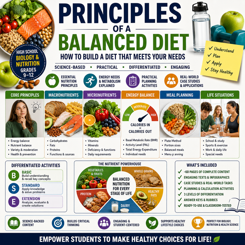 Principles of a Balanced Diet High School Biology Nutrition Human Physiology Healthy Eating Macronutrients Micronutrients Energy Balance Meal Planning Educational Infographic Grades 9–12
