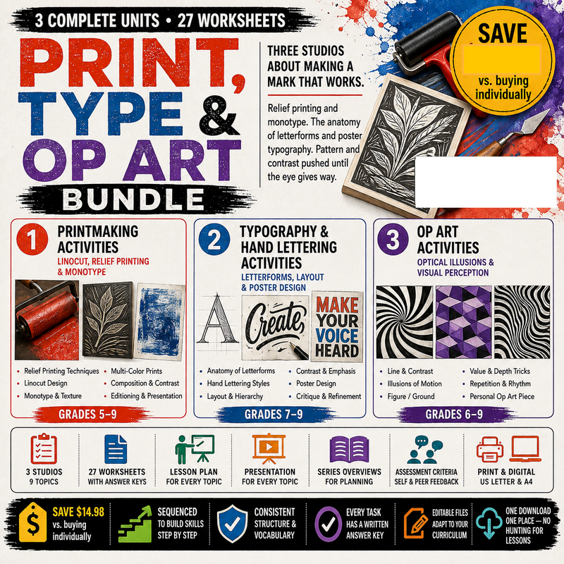 Print, Type & Op Art Bundle | Printmaking, Lettering & Optical Illusions | 3 Art Studios | Grades 5–9
